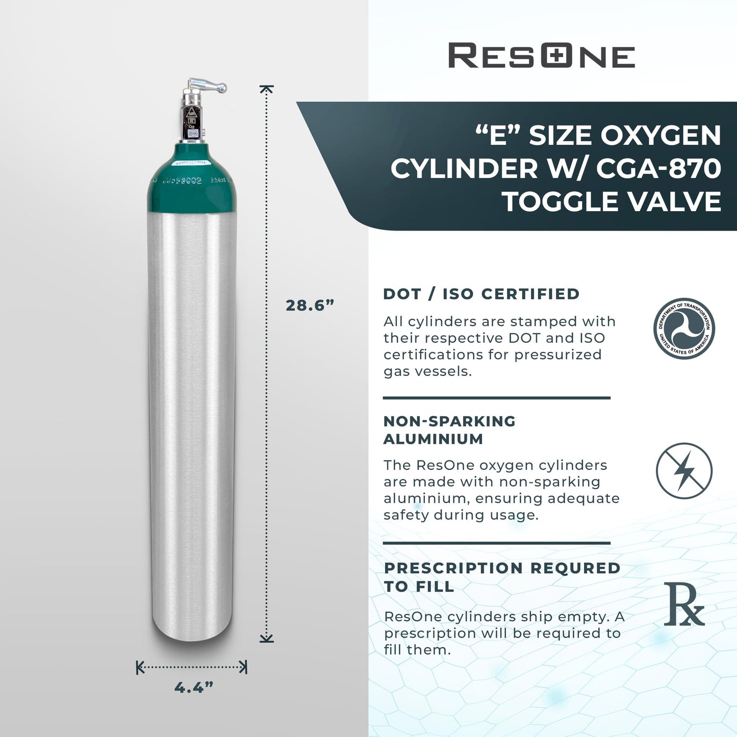 ResOne Portable Aluminum Medical Oxygen Cylinder, E Size, with CGA-870 Toggle Valve for Medical Use - Non-Sparking, Green Dome, Brushed Finish, 24.1 cf, Ships Empty, Prescription Required to Fill