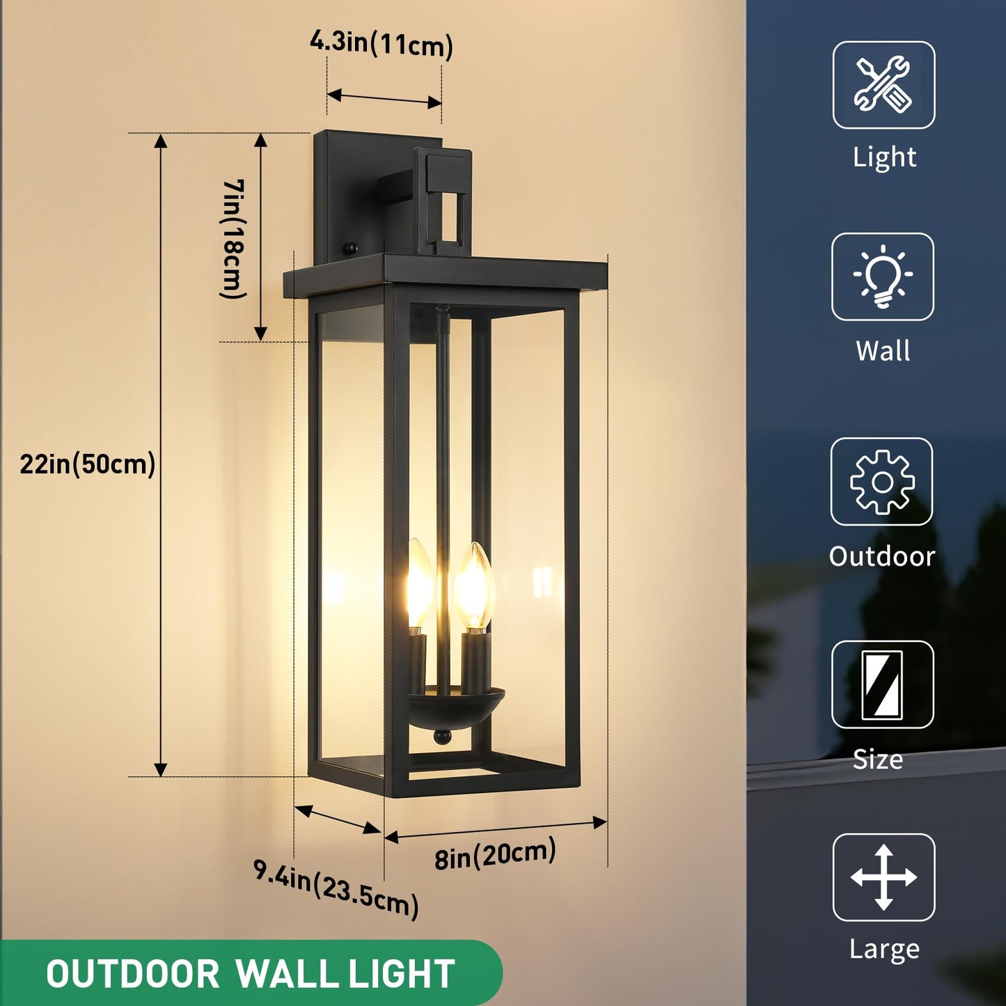 Zsmaiku 22 Inch Large Black Outdoor Wall Lights Exterior Lighting Fixtures Outside Lights For House Front Porch Light Waterproof Outdoor Wall Sconce Light Carriage Exterior Lights E12 Base*2