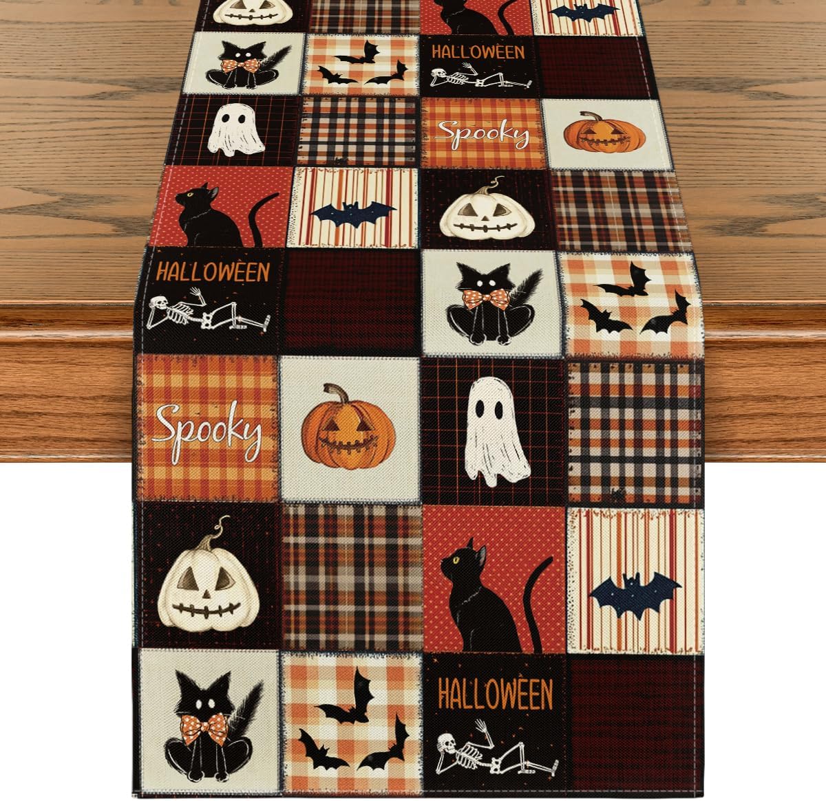 Artoid Mode Black Cat Bat Pumpkin Spooky 210 GSM Halloween Table Runner, Ghost Kitchen Dining Table Decoration for Home Party Decor 13x108 Inch