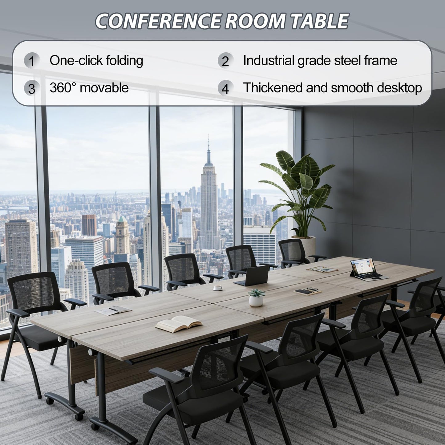 Folding Conference Room Table with Wheels, 6ft Modular Large Mobile Modern Conference Tables Office Meeting Training Table for Classroom(4, Gray, D 55")