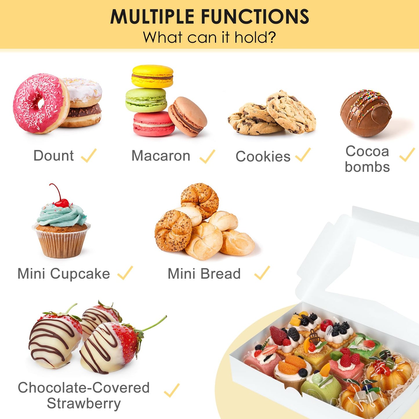 Moretoes 48pcs Bakery Boxes,12x8x2.5 Inches Cookie Boxes with 3 Style Window for Chocolate Covered Strawberries, Desserts, Cookies, with 4pcs Stickers