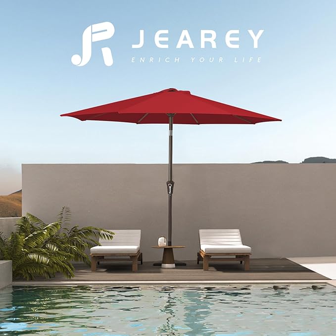 JEAREY 10FT Outdoor Patio Umbrella Outdoor Table Umbrella with Push Button Tilt and Crank, Market Umbrella 8 Sturdy Ribs UV Protection Waterproof for Pool, Garden (Light Red)