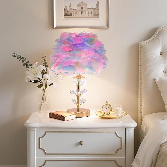 Colorful Feather Lamp Creative Furry Table Lamp Modern Feather Desk Lights Romantic Princess Bedside Nightstand Light for Teen Girls Bedroom Living Room Wedding Entryway Office