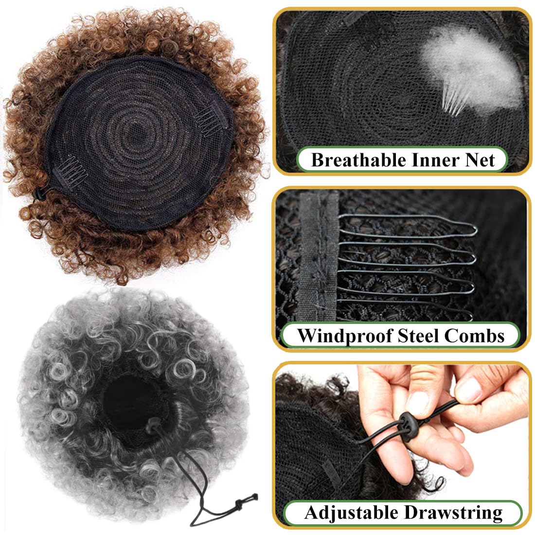 Saisifen Afro Puff Drawstring Ponytail with Clip on for Black Women Bun Afro Curly Hair Pieces with 10 pcs Hair Pins (Diameter 8