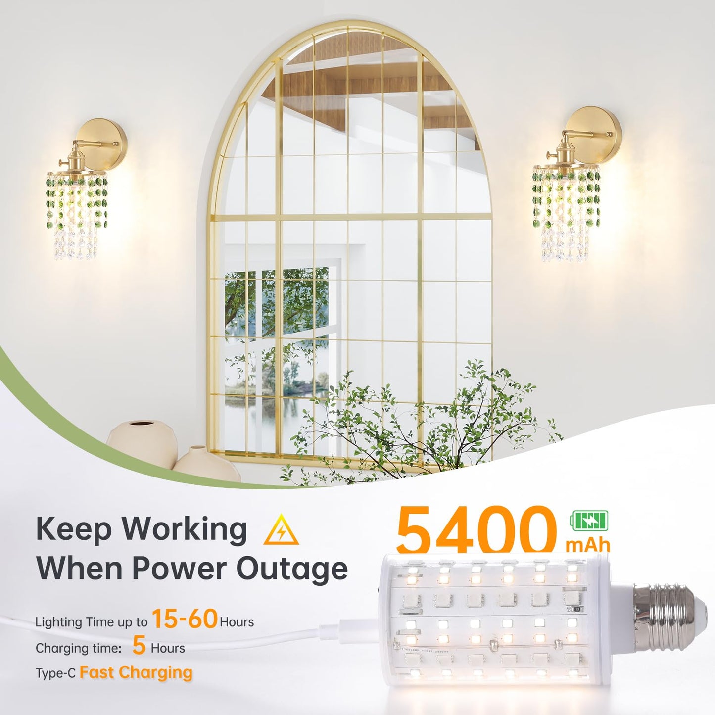 Shenmoyl Crystal Wall Sconce Set of 2, Rechargeable 5400mAh, Dimmable Wireless Lights, Green-Gold Base, Model 1-73136-wlamp