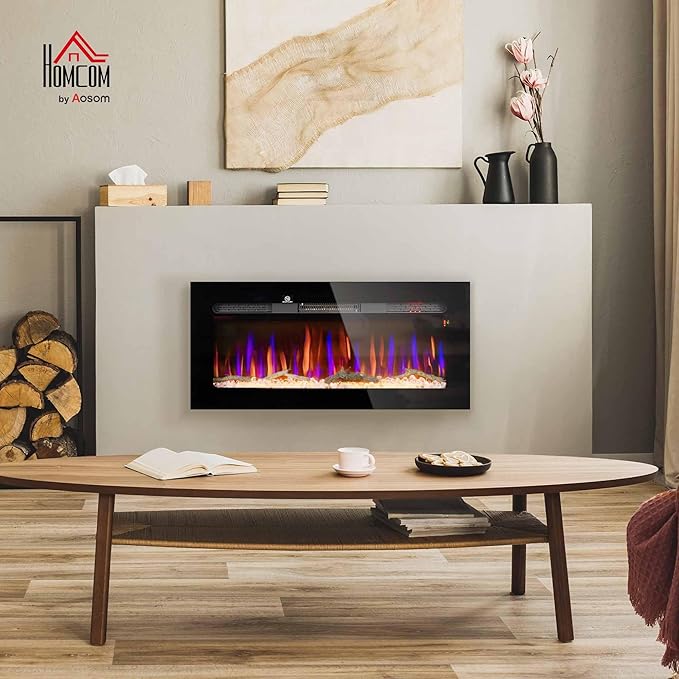 HOMCOM 40" Electric Fireplace Recessed and Wall Mounted with Remote Control, 1500W Fireplace Heater with 8H Timer, Adjustable Flame Color and Brightness, Log and Crystal