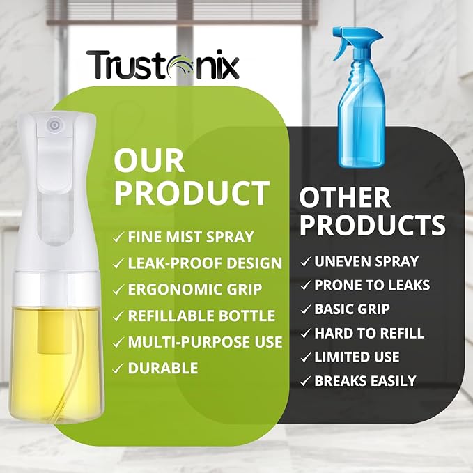 TRUSTONIX-Glass Oil Spray Bottle for Cooking, Baking & Grilling | Mister Oil Sprayer with Fine Mist | Refillable Cooking Oil Spray Bottle for Air Fryer & Salad | Leakproof | Lightweight | 6.7 ounce