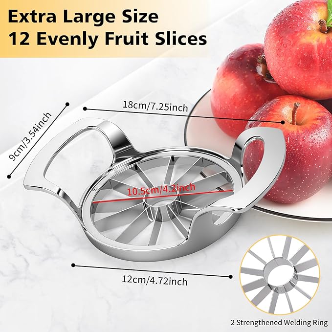 4.72 inches Apple Slicer,12-Blade Extra Large Apple Corer, Heavy Duty Stainless Steel Apple Cutter and Divider with Updated Safe Blade System