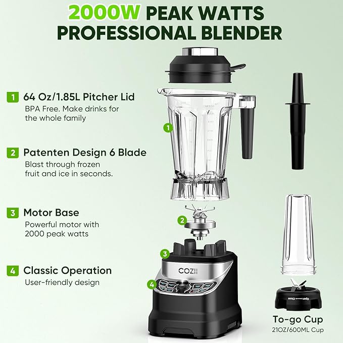 COZII Professional 2000W Blenders for Kitchen with 64oz Pitcher & 21oz To-go Cup, High Speed for Smoothies/Ice Crushing/Frozen Drink/Puree, 7 Preset Programs & 8 Speed Control (Black)