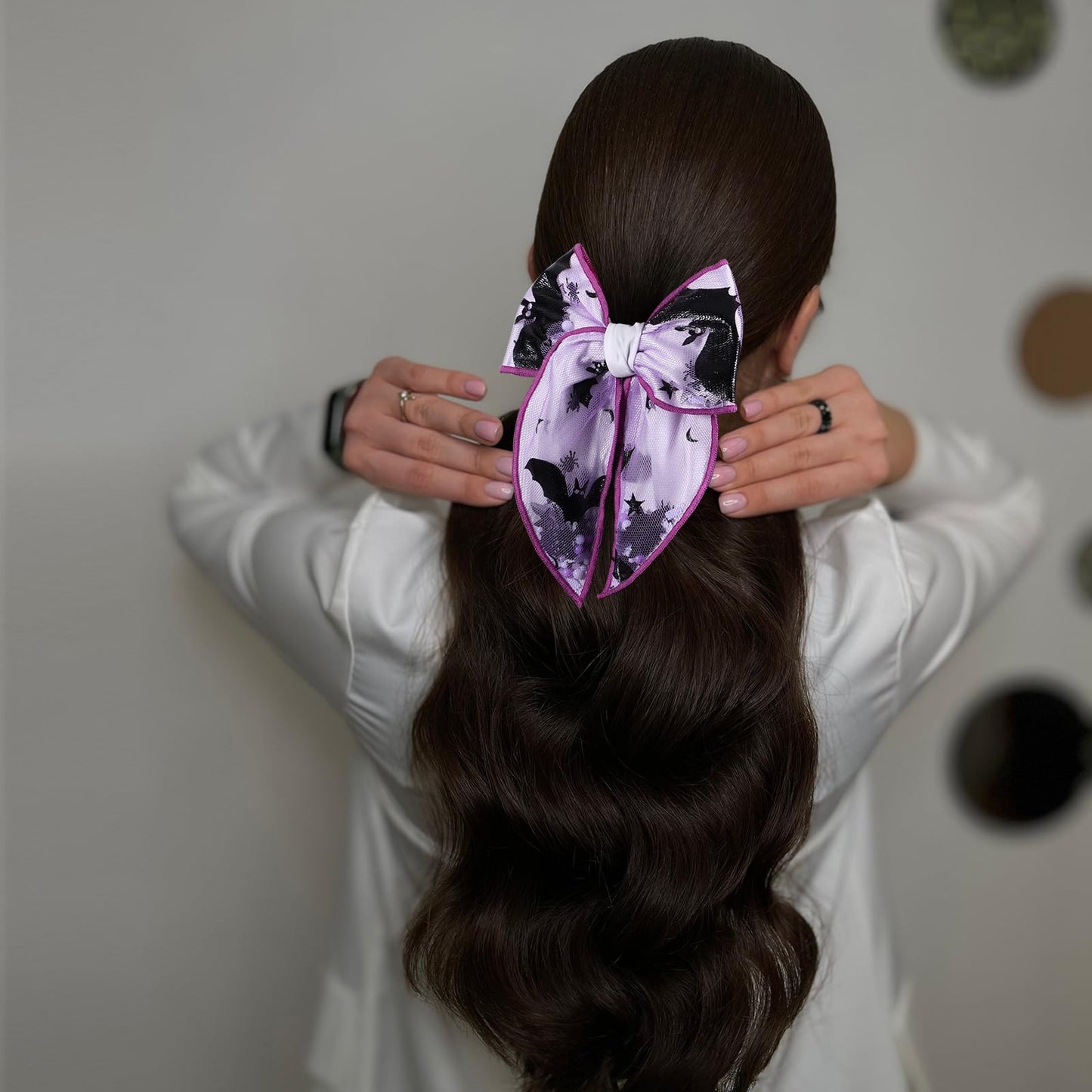 Bats Halloween Hair Bow Tie for Women Girls 5.5 Inch Large Spooky Black Purple Spider Mesh Ribbon Fable Bow Elastic Hair Band Pa