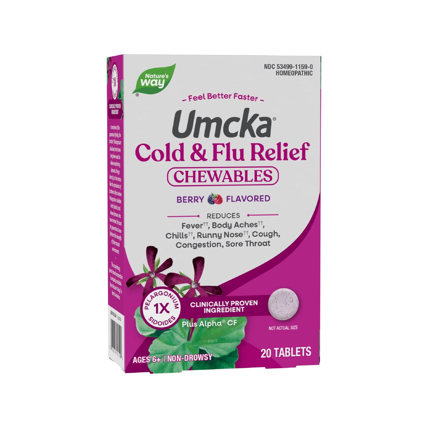 Nature's Way Cold+Flu Relief, Umcka, Shortens Duration and Reduces Severity, Multi-Symptom Relief, Homeopathic, Phenylephrine Free, Non-Drowsy, Berry Flavored, 20 Chewable Tablets (Packaging May Vary)