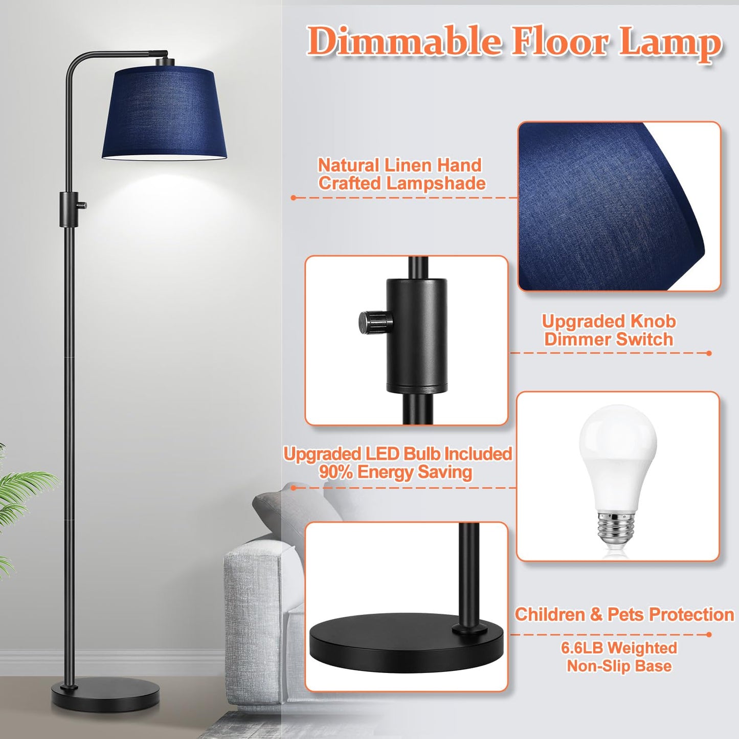 Nintiue Dimmable Floor Lamp, 1000 Lumens LED Edison Bulb, Modern Arc Design, Matte Black-Blue Shade, Model FL16886