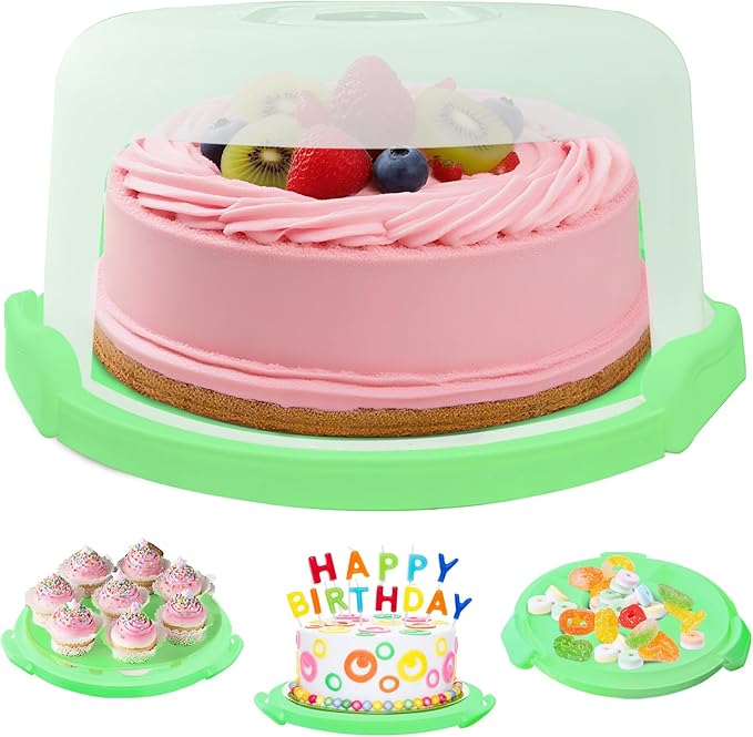 Green Plastic Cake Carrier with Lid and Handle, 4 in 1 Multipurpose Cupcake Holder Stand Platter for 10'' Cake, Portable Dessert Storage Container Box with Cover for Pie Pizza Eggs Fruit Snack