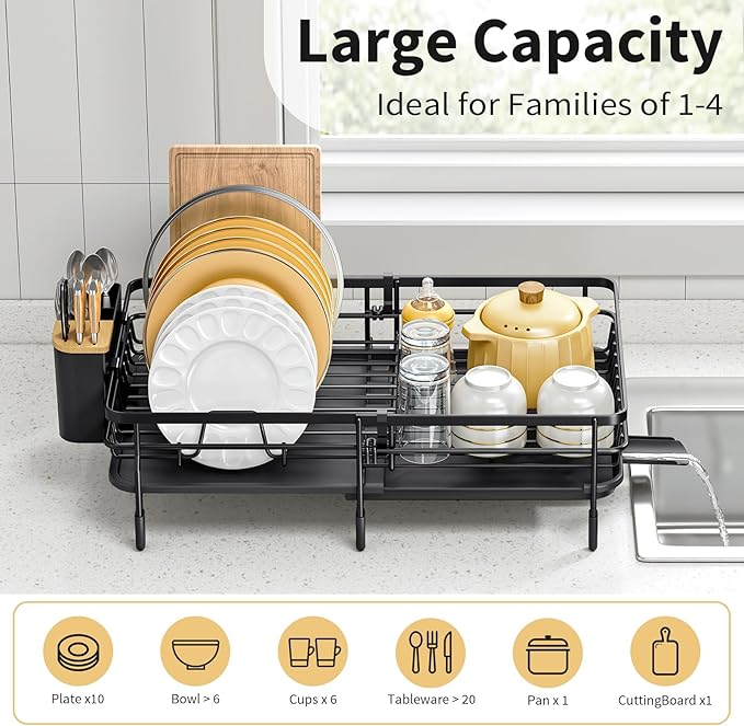 Expandable Dish Drying Rack for Kitchen Counter, Large Extendable Dish Rack with Bamboo Cover Cutlery Holder, Multifunctional Adjustable Dish Dryer Drainer