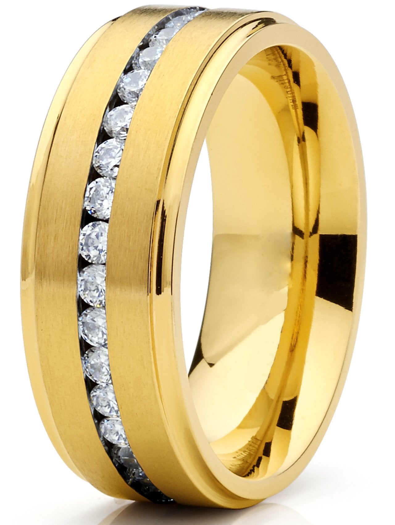 Metal Masters GoldTone Titanium Men's Eternity Wedding Band Ring with Cubic Zirconia CZ, Comfort Fit 8mm SZ 13