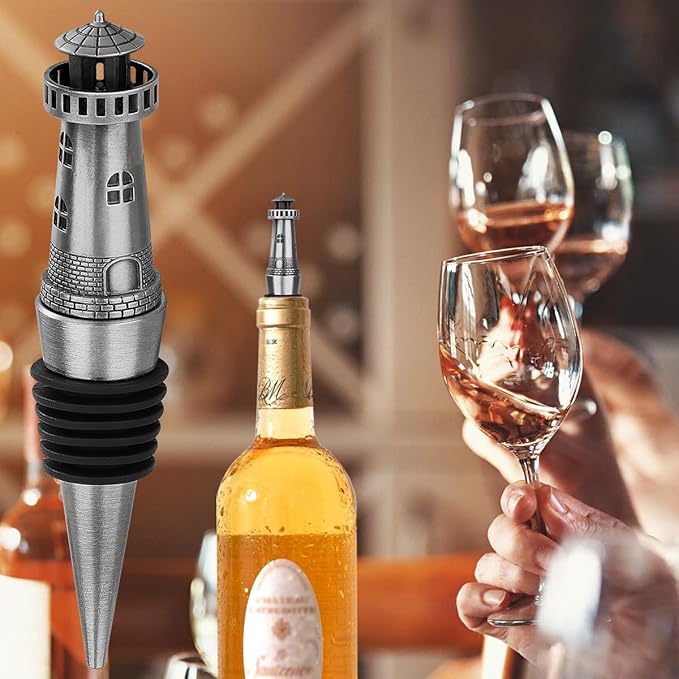 Nautical Lighthouse Wine bottle Stopper for Wine Champagne, Lighthouse Gifts Wine Gifts for Men Women Pharos Lovers, Wine Saver, Wine Accessories, Silver