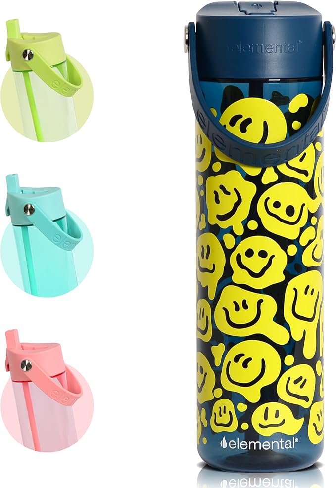 Elemental Splash Water Bottle with Straw - BPA-Free Tritan Plastic Reusable Water Bottle with Strap - Ideal for Travel, Gym and Sports - Leak Proof when Spout is Closed - 26oz - Smiley Melt