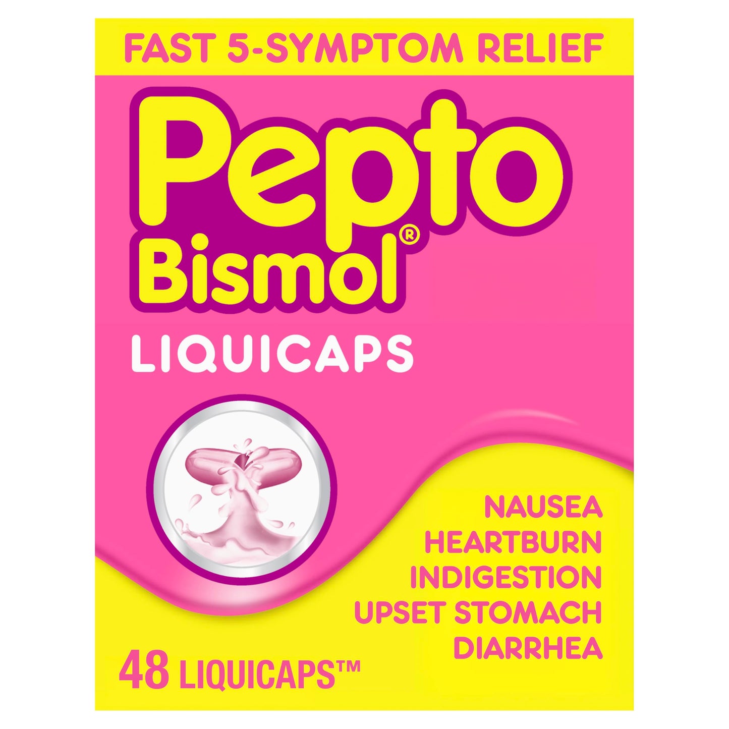 Pepto Bismol Liquicaps, Upset Stomach Relief, Nausea Relief, Heartburn Relief, Indigestion Relief, Anti Diarrhea Medication for Adults - 5 Symptom Fast Relief, No Flavor, 48 ct