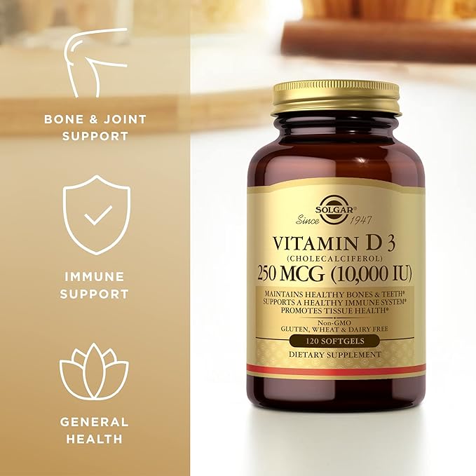 SOLGAR Vitamin D3 (Cholecalciferol) 250 MCG (10,000 IU), 120 Softgels - 2 Pack - Helps Maintain Healthy Bones & Teeth - Immune System Support - Non-GMO, Gluten Free, Dairy Free - 120 Servings