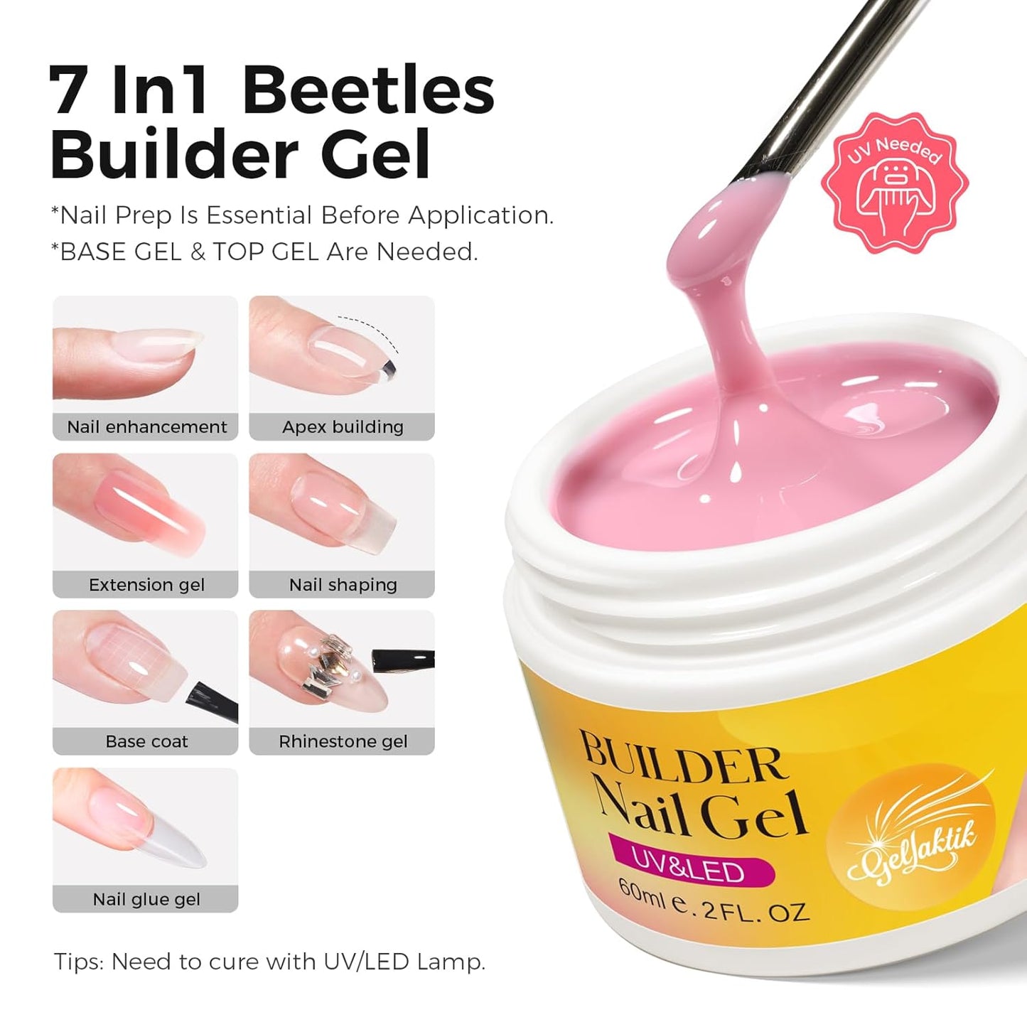 Builder Gel for Nails, 60g Light Pink Hard Gel for Nail Extension with 10 Nail Forms, Strengthener & Thickening, UV LED Lamp Cured Sculpture, Repair Broken Nails, Salon DIY Manicure Kit