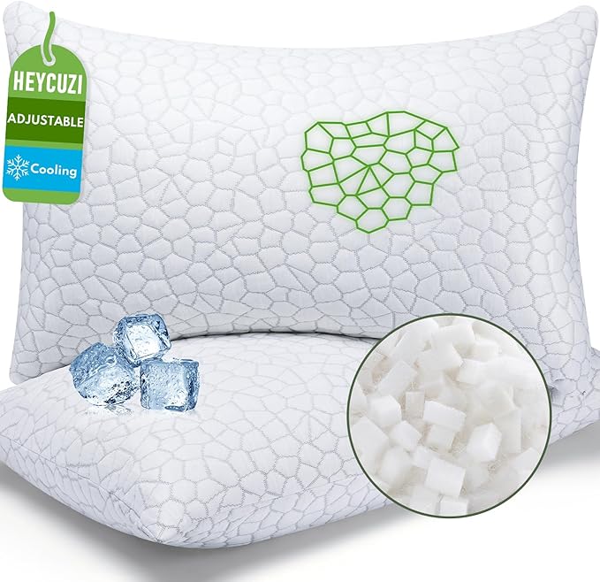 Cooling Shredded Memory Foam Pillow for Sleeping - Standard Size 2 Pack, Adjustable Bed Pillows Set of 2 for Side, Back, and Stomach Sleepers, Washable Breathable Cold Cover - CertiPUR-US