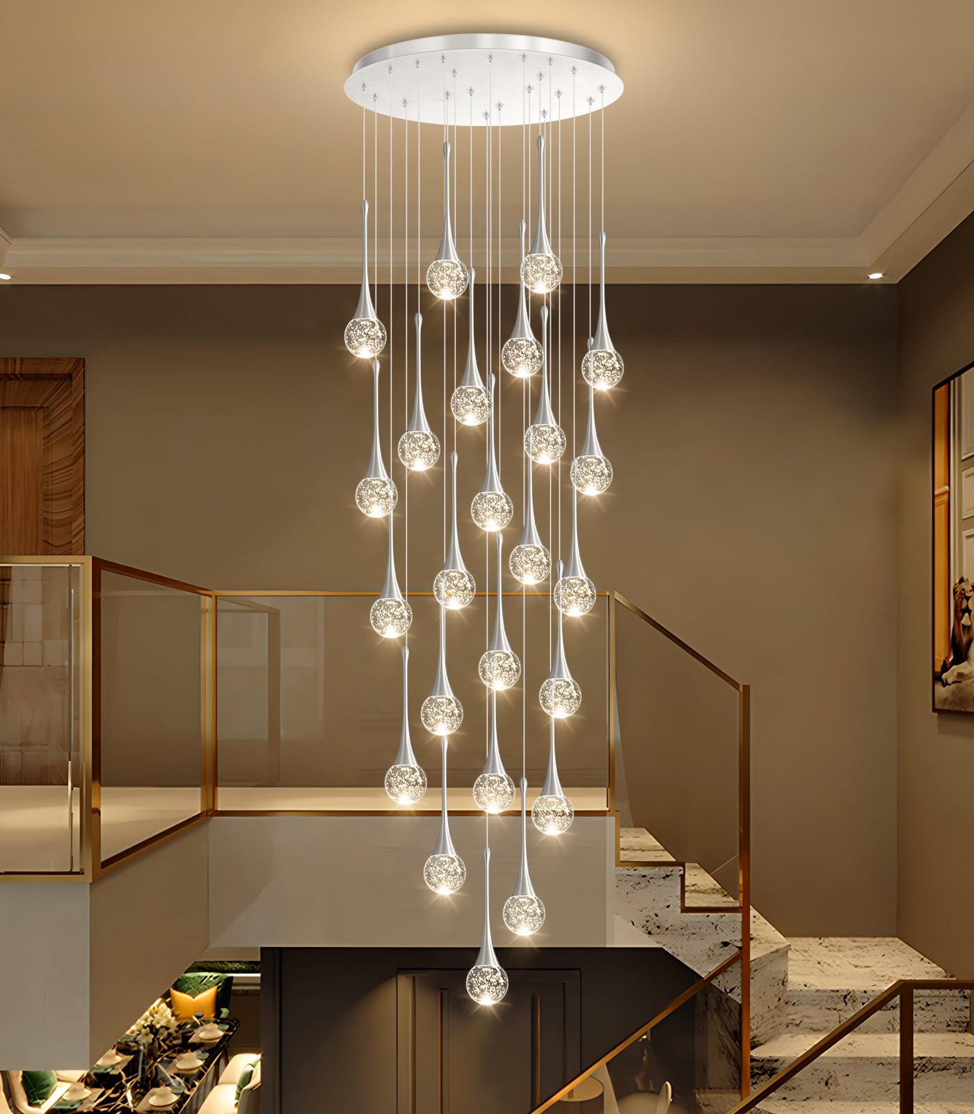 24 Light Modern Glam Crystal Chandelier For High Ceiling Led Dimmable Ceiling Pendant Light Staircase Foyer Enterway Living Room Chandelier Lighting Antique Silver