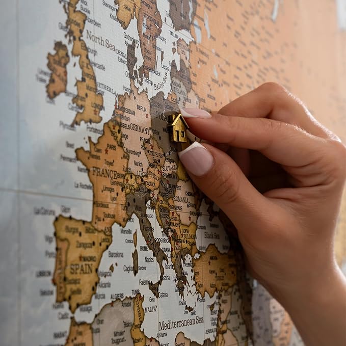 Canvas World Map with Cork Pin Board - English Lettering - Decorative Wall Decoration for All Rooms - Canvas Pictures with World Map Motif (90x60 cm, Pattern 14)