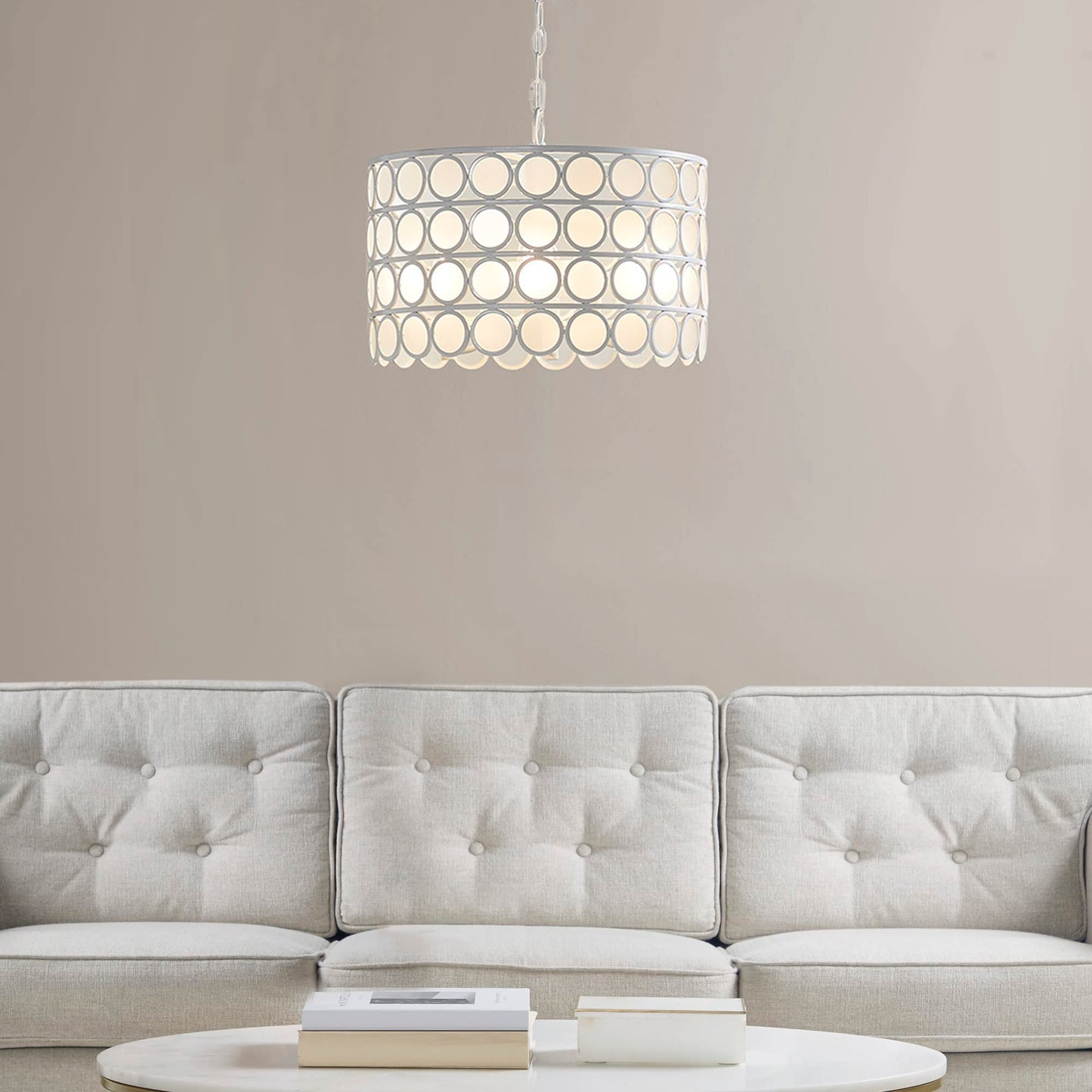 Hampton Hill Mid Century Chandelier, 16.25Dia X 51.75H, White, Iron & Glass, Model Fb150-1160, Adjustable Ceiling Light For Bedrooms & Dining