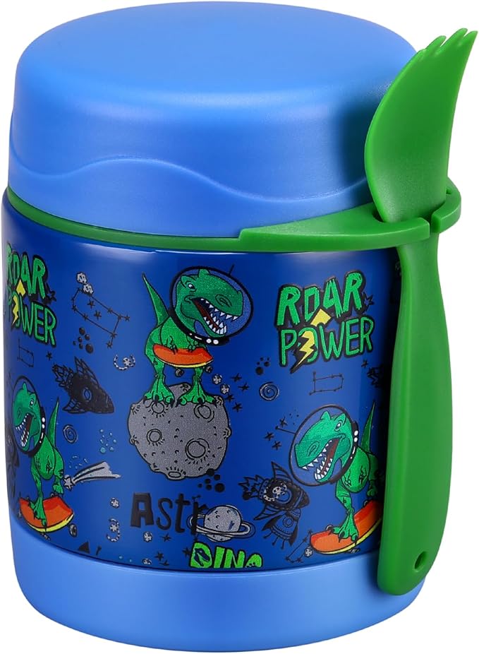 10oz Soup Thermo for Hot Food Kids Insulated Food Jar,Thermo Hot Food Lunch Container, Width Mouth Stainless Steel Lunch Box for Kids with Spoon (Blue-dinosaur)