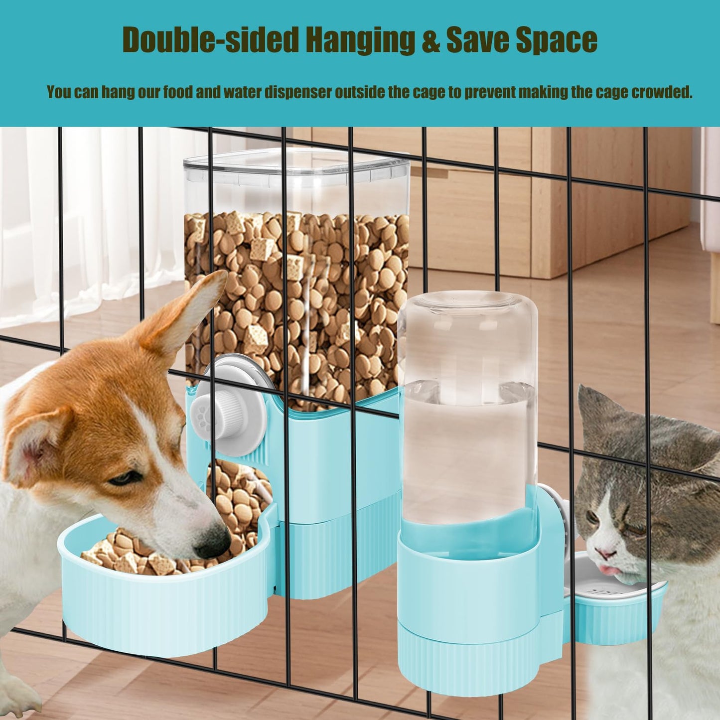 Luismia Hanging Cage Automatic Food Water Dispenser, Auto Gravity 1.2L Self-Feeding Feeder and 0.52L Waterer Set, Crate Auto Feeder Dish for Puppy Cats Ferret Bunny Guinea Pig Small Pets (Blue)