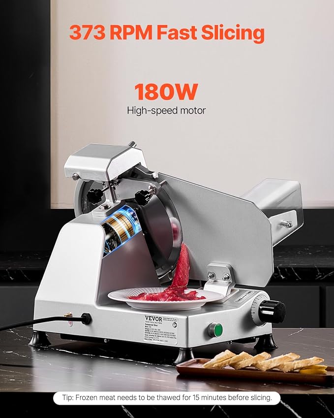 VEVOR Commercial Meat Slicer, 10 inch Electric Deli Food Slicer, 180W Cutter with a Premium 65Mn Blade, 0-0.4 inch Adjustable Thickness, Food Slicer Machine for Meat Vegetables Hard Bread Cheese