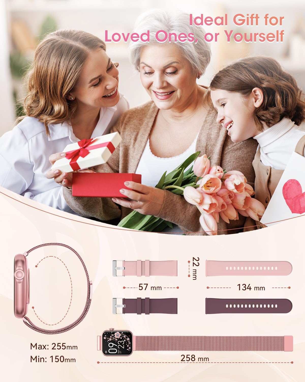 Smart Watches for Women, Fitness Tracker Watch for Sleep/Heart Rate/SpO2/Blood Pressure Monitor, 1.85'' Smartwatch for Android iPhone, Calls/SMS/Notifications, 100+ Sports Modes, 300+ Dials, 3 Bands