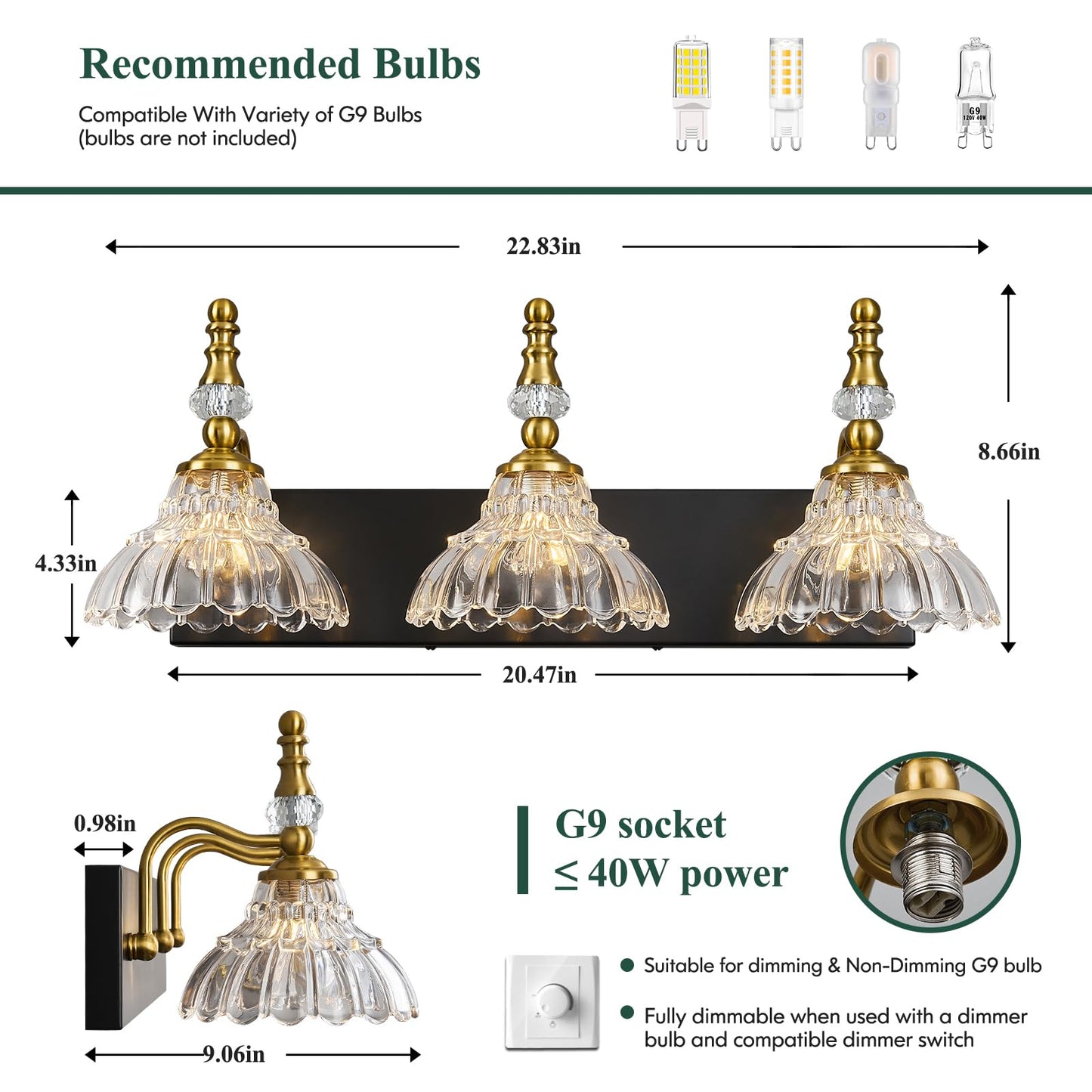 Lbsqj Vintage Bathroom Vanity Light  3-Light Black Gold Vanity Lighting Fixture With Flower Glass Shade  Bathroom Lighting Fixtures Over Mirror