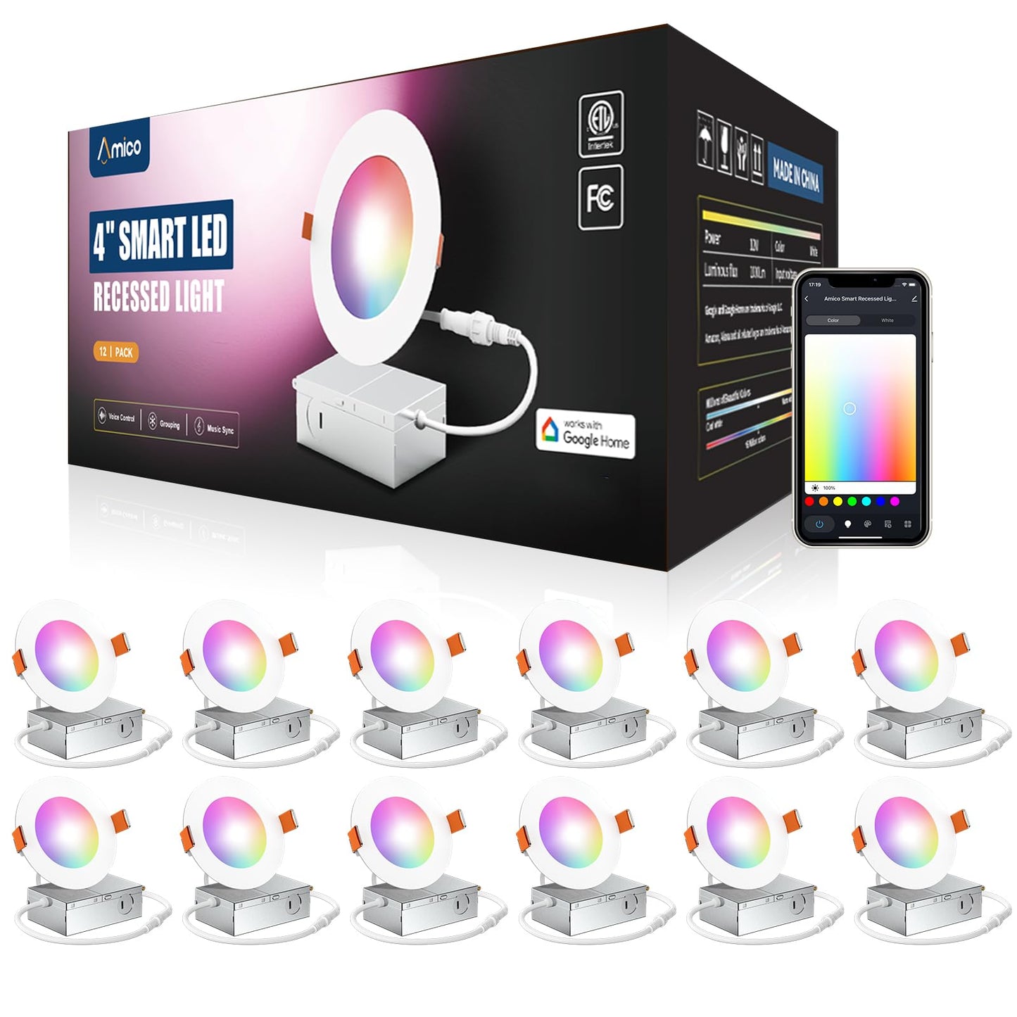 Amico 12 Pack Smart LED Recessed Lighting, 4 Inch, RGB Color Changing, 10W, Model HM01-DR4-9W120-CCT+W5