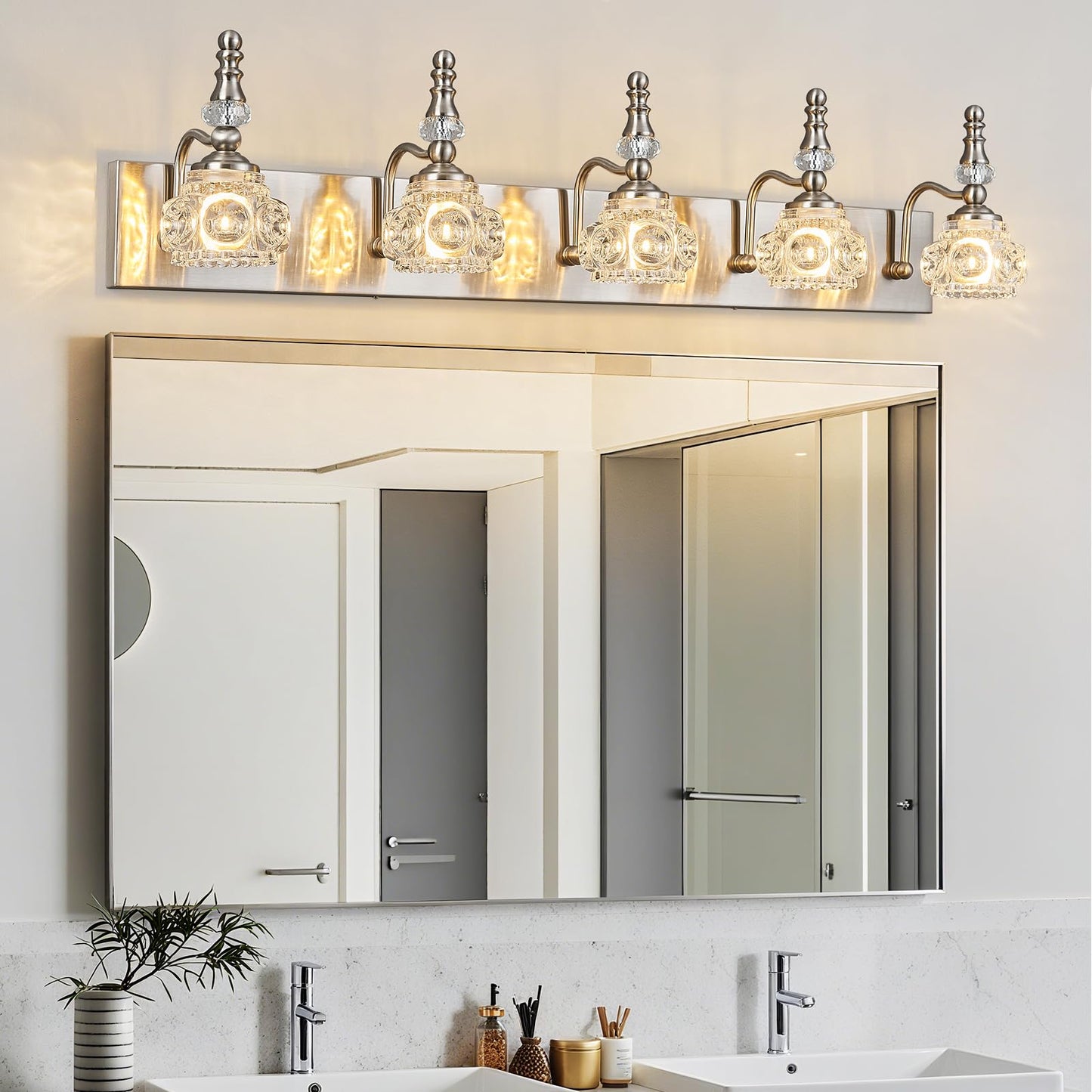 Lbsqj Modern Glass Crystal Vanity Light - Vintage Bathroom Lighting Fixtures Over Mirror  5 Light Vanity Lights G9 Bulb (35.43 Inch  Nickel)