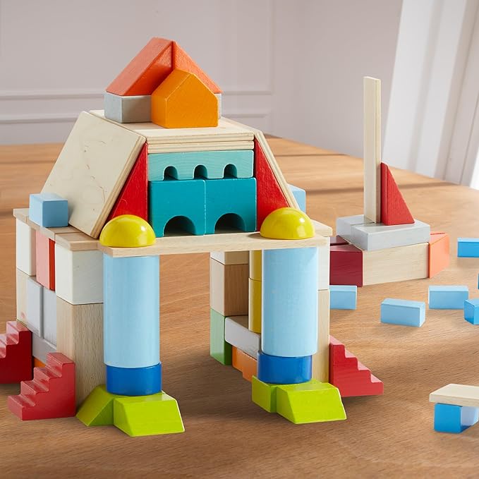HABA Colored Wooden Building Blocks - Set of 85 Piece Set of Wooden Toys, Stacking Toys for Toddlers 1-3 Ideal Open Ended STEM Play (Made in Germany)