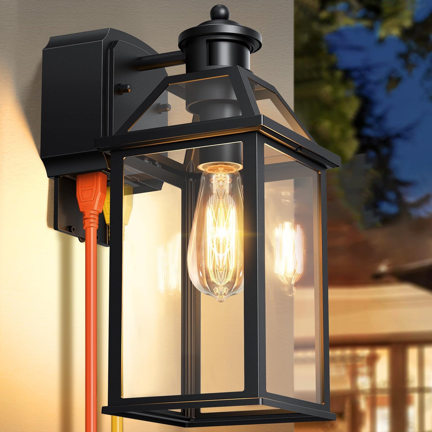 Porch Light With Gfci Outlet  14 Large Motion Sensor Outdoor Lights For House  Waterproof Exterior Lighting Fixtures  Black Anti-Rust Outside Wall Mount Sconce For Patio Front Door Entryway  E26