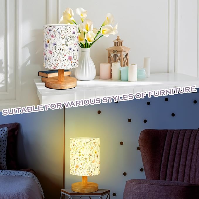 VIHOSE Wildflower Kids Table Lamp for Bedroom Kids Bedside Lamp with Linen Wooden Nightstand Cartoon Nursery Lampshade for Girls Boys Living Room