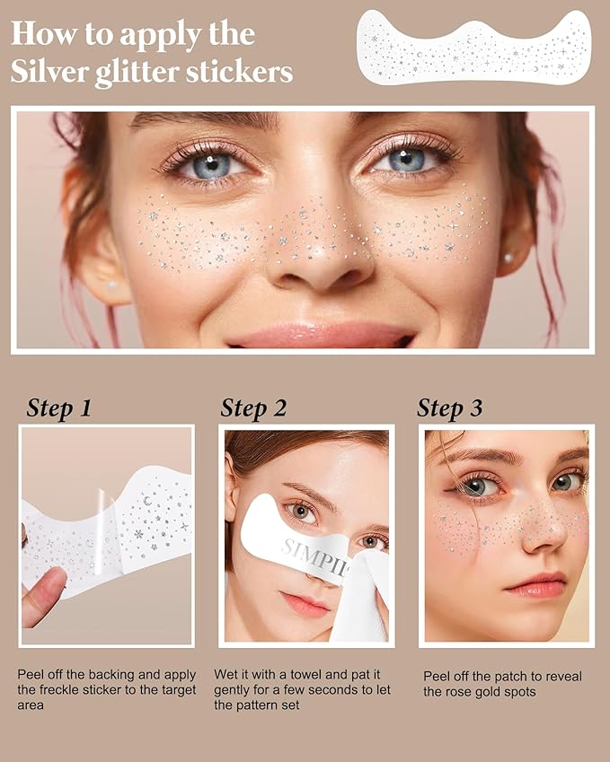 Body Face Makeup Patches for Kids Women Girls, Silver Rave Glitter for Face, Singer Concerts Festival Holiday Rave Accessories - 8 Counts