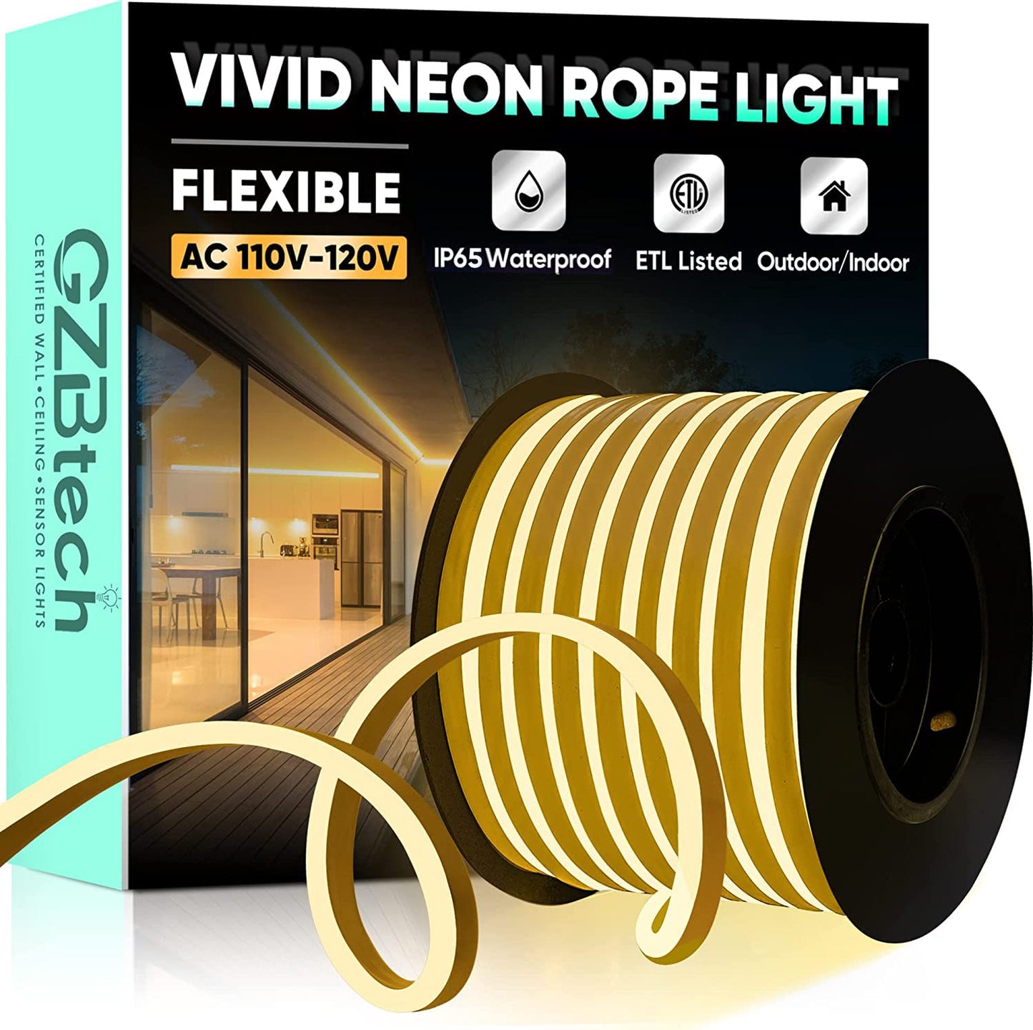 Gzbtech Flexible Led Neon Rope Lights 82Ft Ac 110-120V Waterproof Strip Light  120 Leds/M Cuttable Connectable Neon Lighting For Indoor Outdoor Home Decor/Commercial Building Use-Warm White 25M