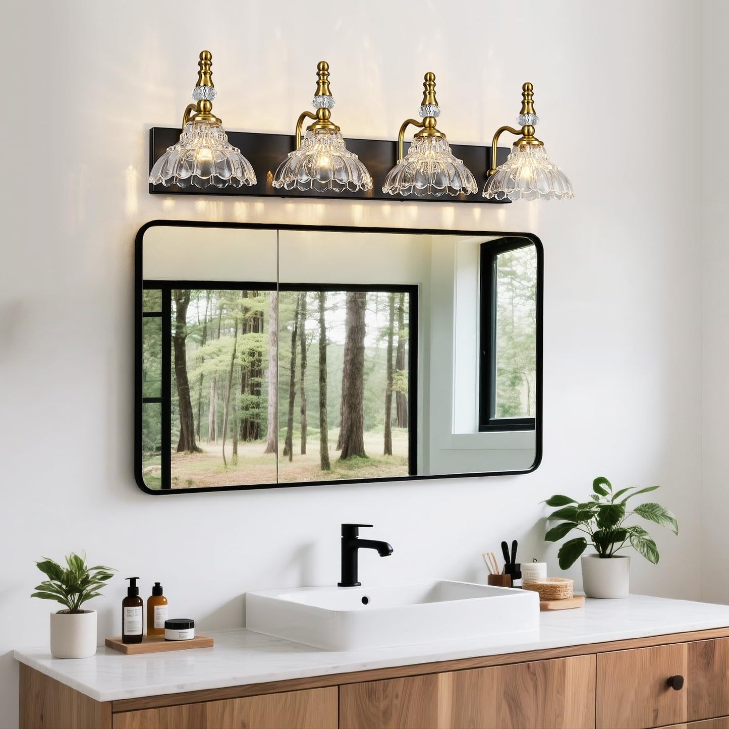 Lbsqj Vintage Bathroom Vanity Light  4-Light Black Gold Vanity Lighting Fixture With Flower Glass Shade  Bathroom Lighting Fixtures Over Mirror