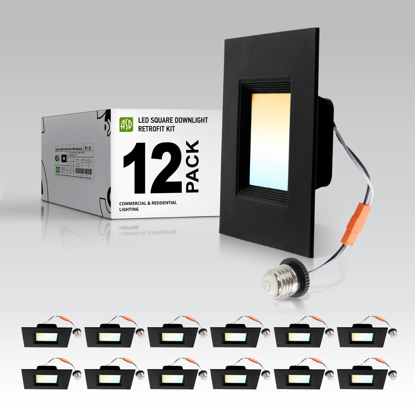 Asd Black 6 Inch Retrofit Led Square Recessed Lighting - 12W 1023Lm 2700/3000/3500/4000/5000K Selectable Dimmable Led Downlight  Wet Rated Cri90 Baffle Trim Square Can Lights  Ul 12 Pack