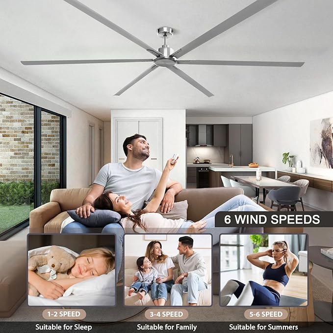 GESUM 100 Inch Ceiling Fans with Remote Control, Industrial Ceiling Fan with 6 Aluminum Blades, 3 Downrods, Reversible, 6-Speeds, Large Ceiling Fan for Porch/Garage/Shop (Brushed Nickel)