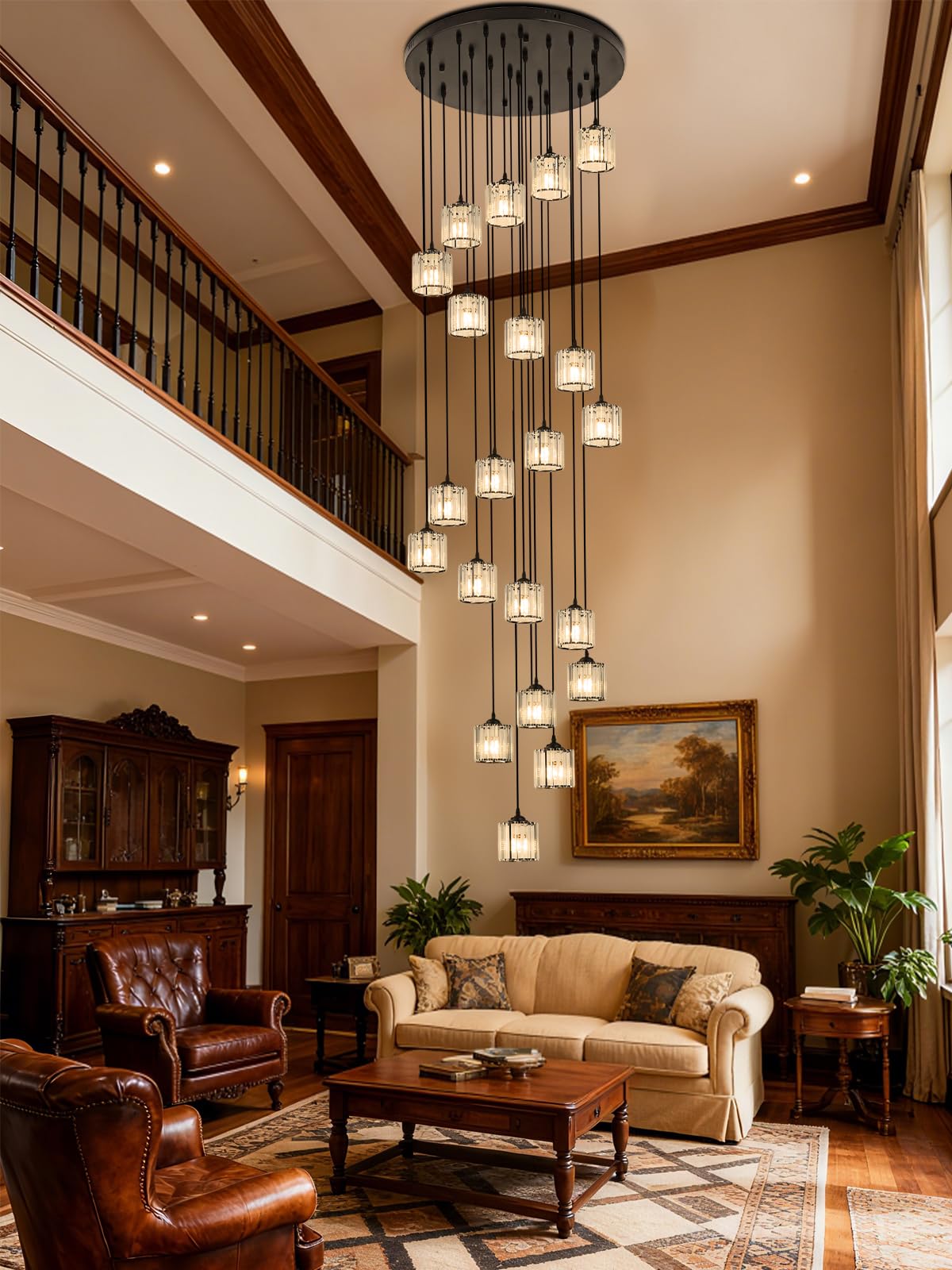 Meimond Long Chandeliers For High Ceilings Modern Crystal Pendant Light Raindrop Drop Lamp Hanging Flush Mount Lighting Fixtures For Spiral Staircase Foyer Entryway Living Room Black (21 Lights)
