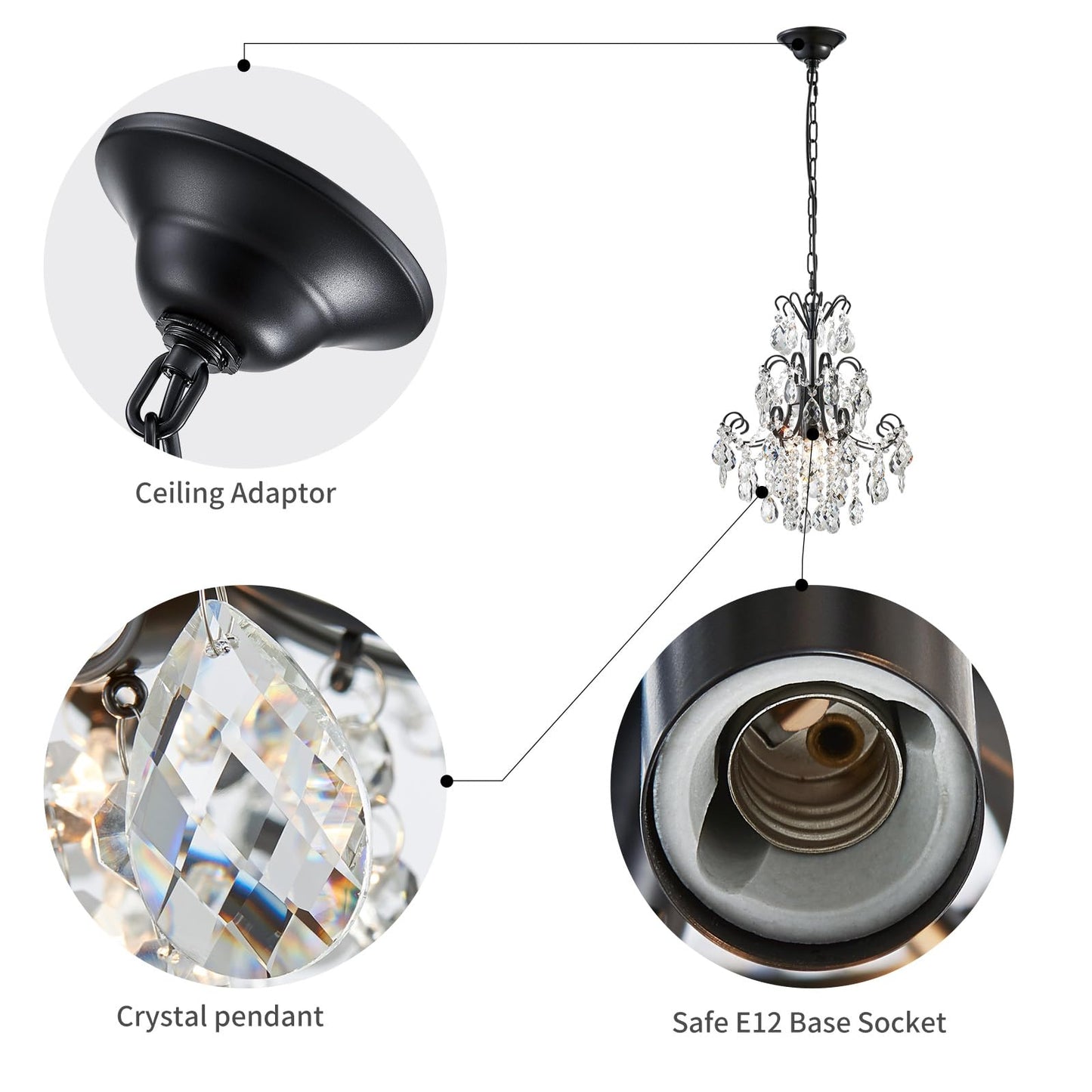 WUZUPS Crystal Chandelier Pendant Light, 15.7in High x 13.8in Wide, E12 Base, Metal, Black, Model USHD-5511502BK
