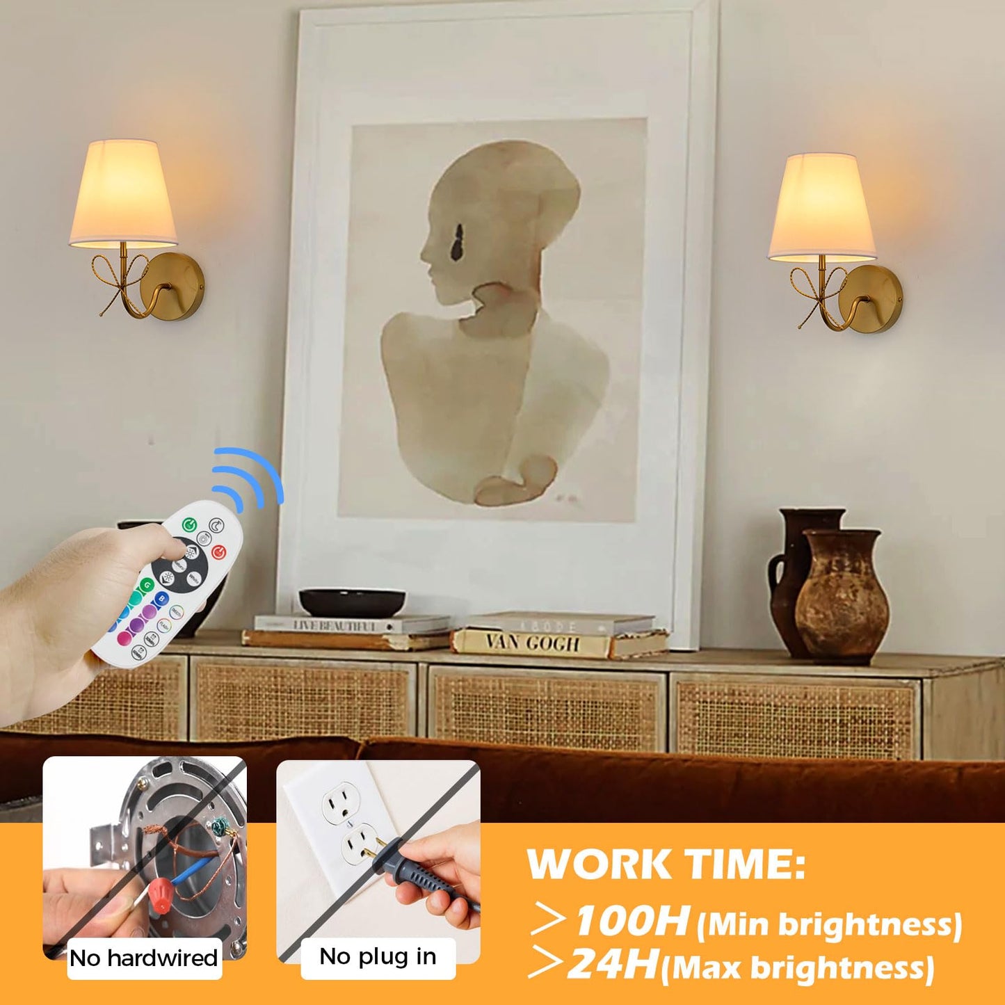 PASSICA DECOR Bow Wireless Wall Sconce Set of 2, Rechargeable Dimmable LED Lights, Polished Gold, Model U729-03-DP