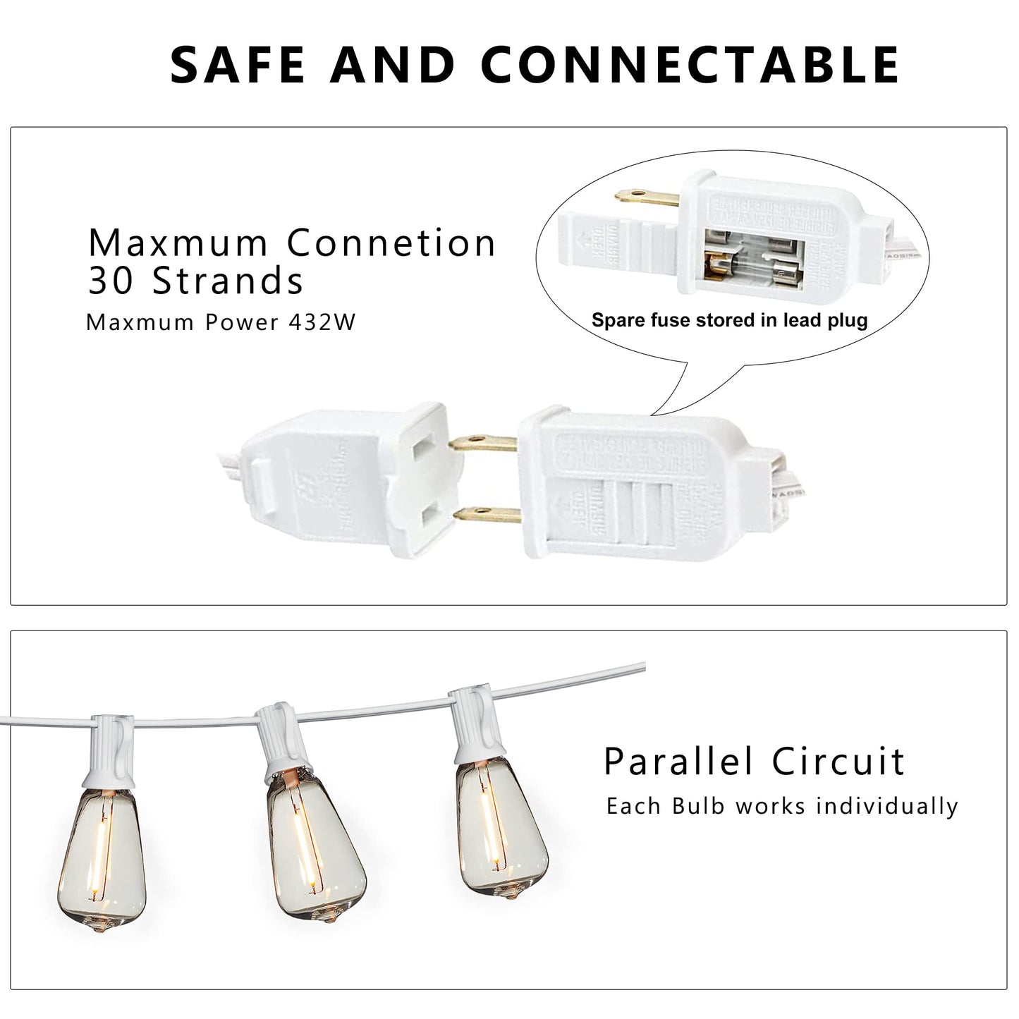 Damaing 50Ft Outdoor String Lights, Waterproof Led Patio Lights With 27 Shatterproof Vintage Bulbs, White Cable, Model Us050025