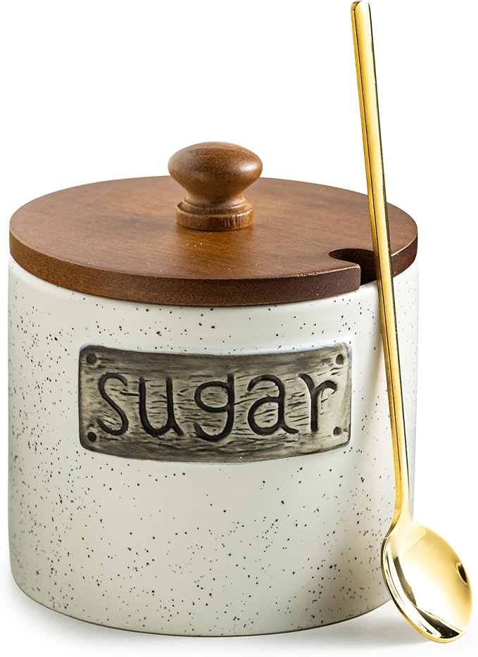 LYEOBOH Ceramic Sugar Bowl with Lid and Spoon, 15 OZ Sugar Holder for Coffee Bar Accessories, Sugar Jar for Countertop, Azucarera Farmhouse Home and Kitchen, White