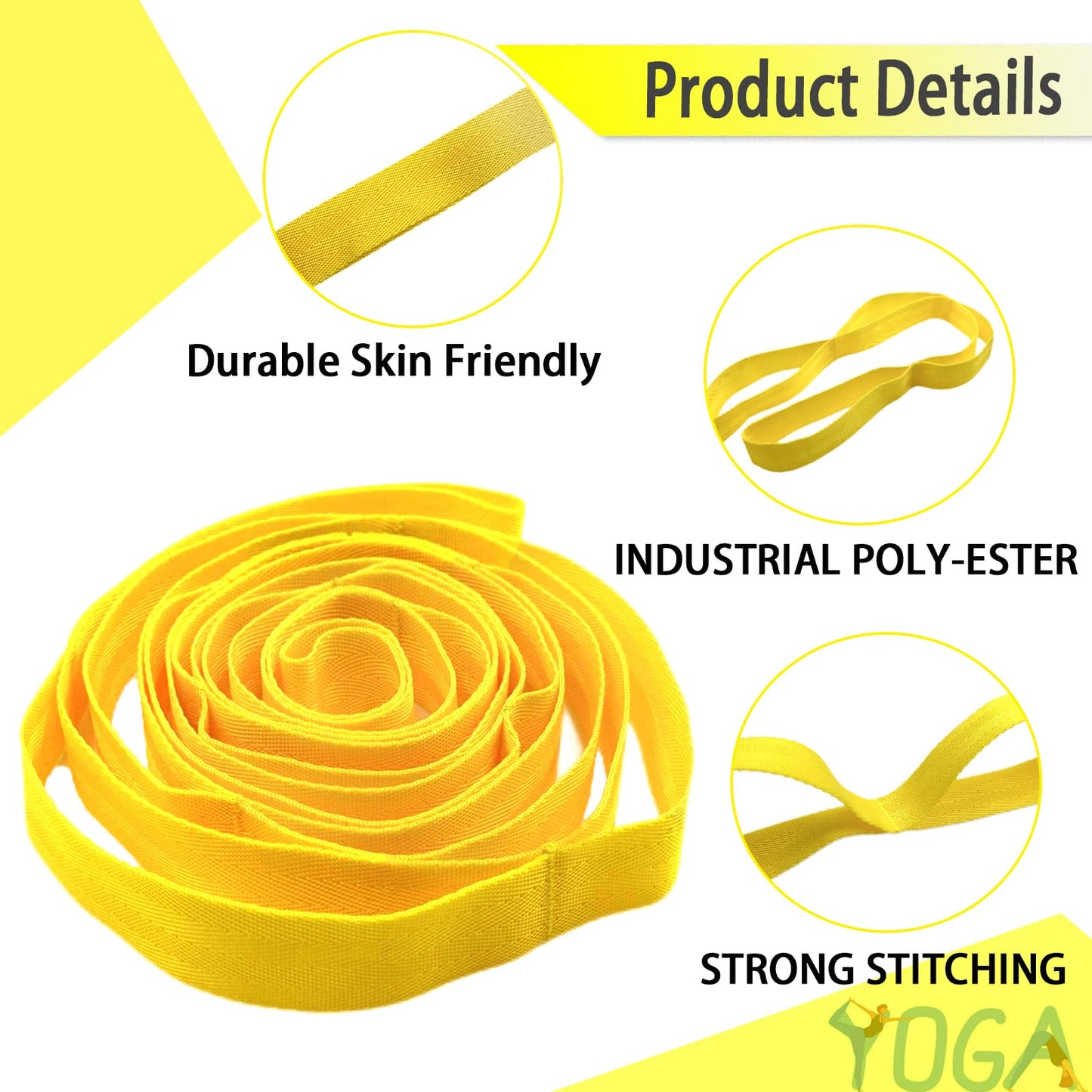 Stretching Strap Yoga Strap with Loops, Stretch Straps for Physical Therapy, Non-Elastic Exercise Strap for Pilates, Dance and Gymnastics with Workout Guide (Yellow)