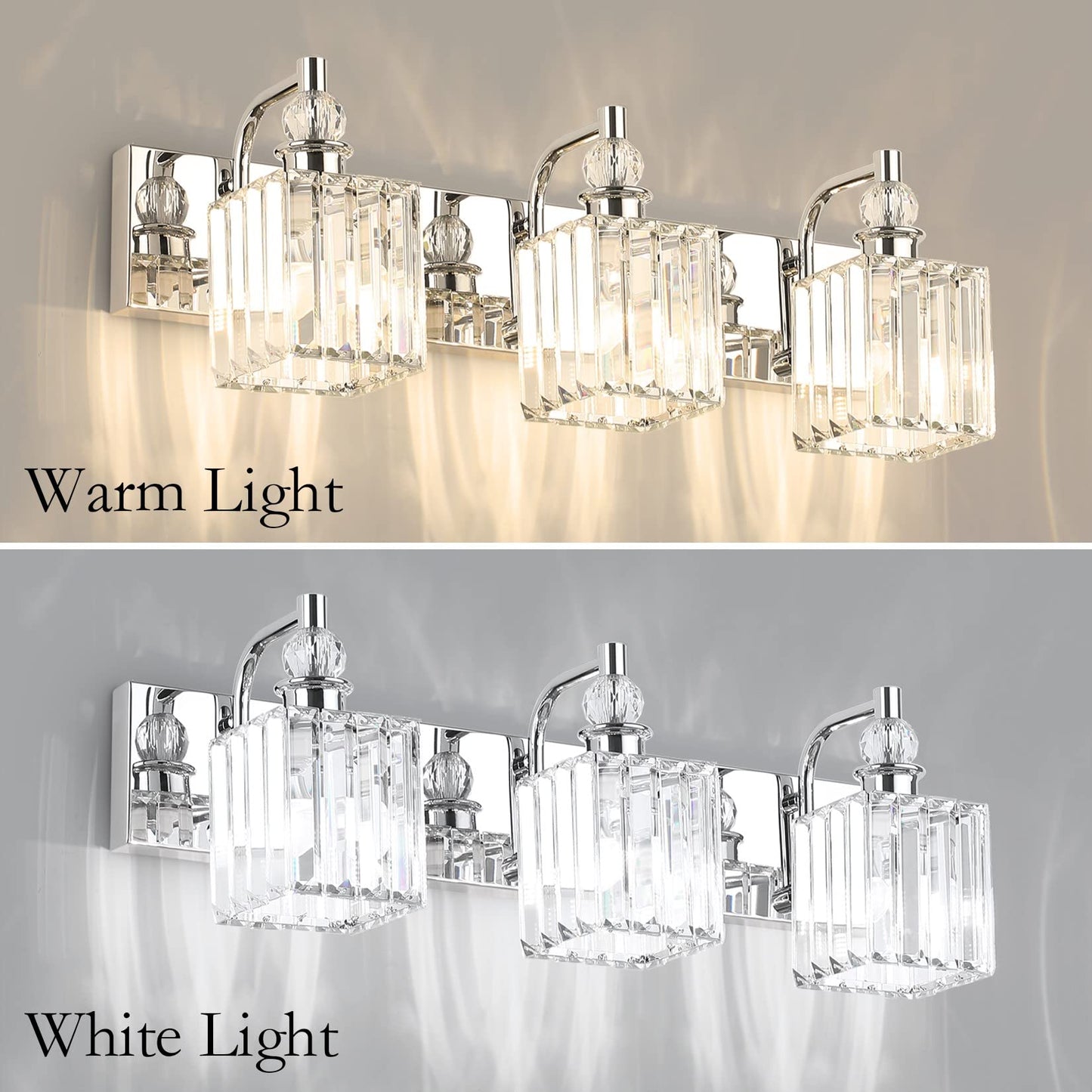 Ralbay 3-Light Crystal Vanity Light, 24 Chrome Stainless Steel, Model 8606 For Bathroom Wall Lighting